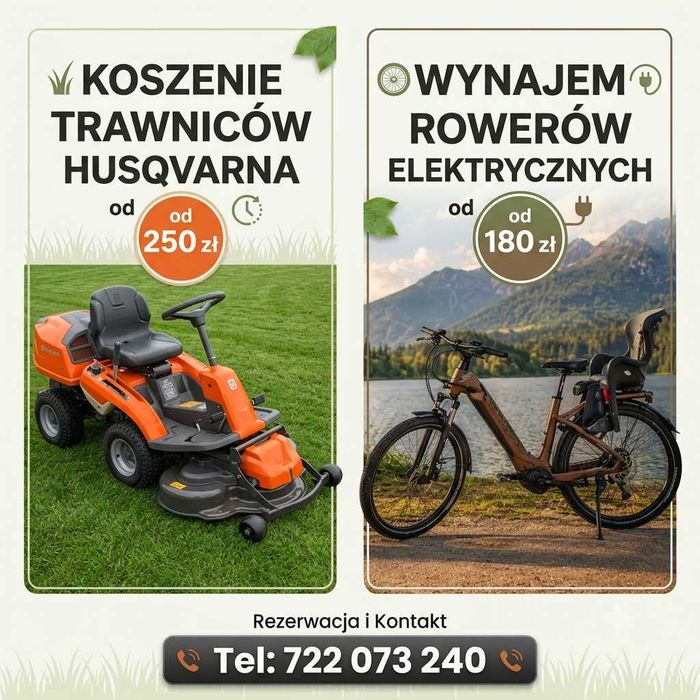 Wynajem rowerów elektrycznych i profesjonalna usluga koszenia trawników