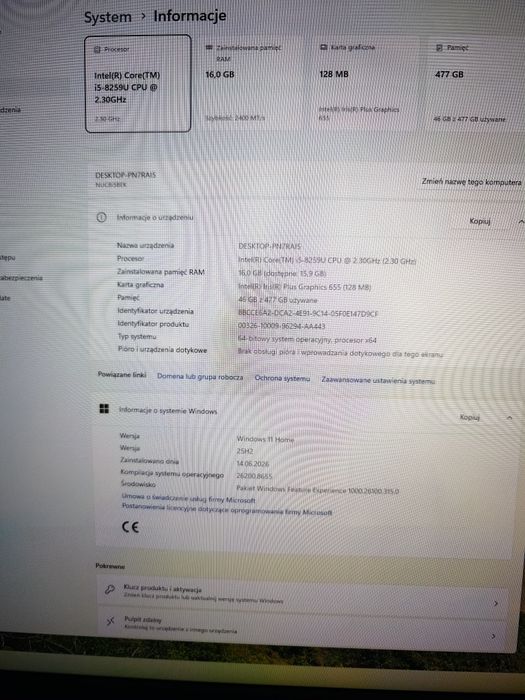 Komputer intel NUC i5-8259U 16GB/512GB Windows 11