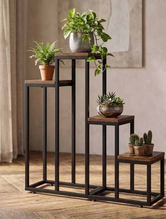 Kwietnik Metalowy Stojak na Kwiaty Dekoracje 4 Półki Loft Postarzany Dąb 67x68cm