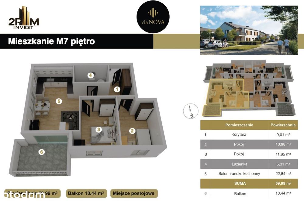 VIA NOVA | 59,99 m² | 3 pokoje | balkon 10,44 m² | Parking w cenie