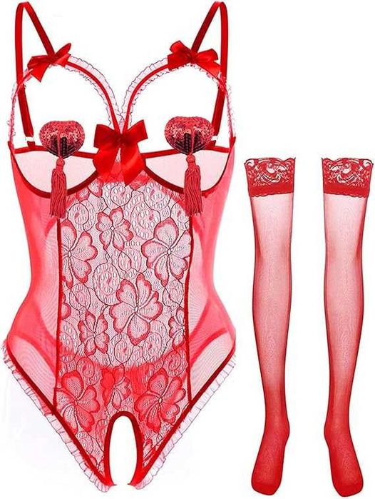 Komplet bielizny damskiej, koronkowy biustonosz typu babydoll, skarpetki,