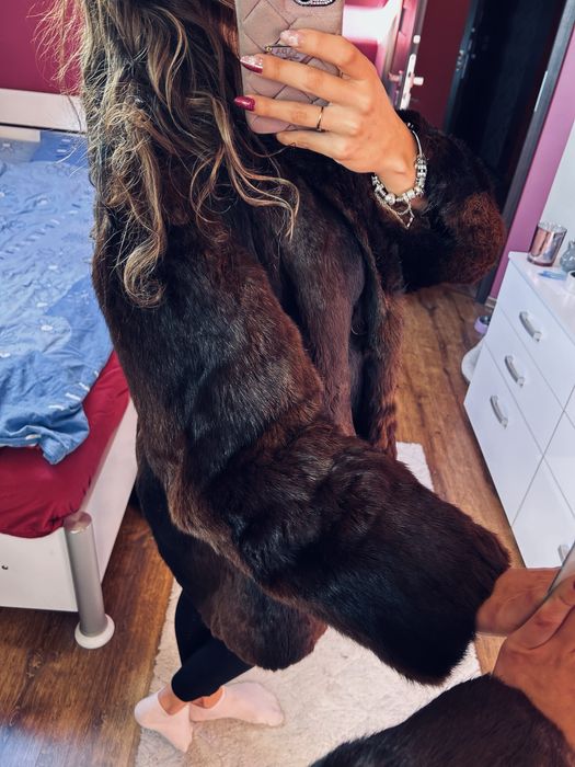 Futro naturalne z królika brązowe dłuższe m l zimowe grube mięciutkie