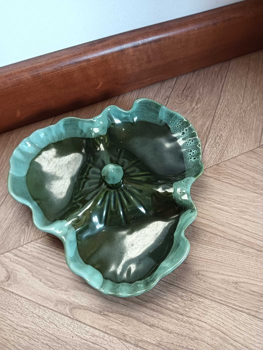 Patera ceramiczna dzielona na trzy zielona liść