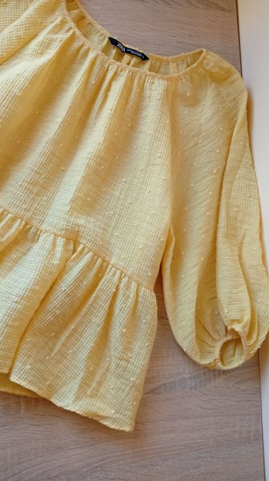 Żółta bawełniana bluzka z falbanką, ZARA, rozmiar XS