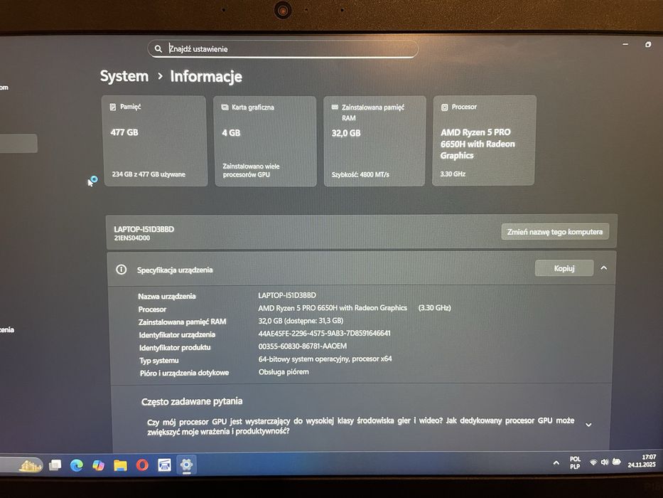 Laptop Lenovo ThinkPad P15v G3 Ryzen 5 PRO 6650H 32 512 T600 FHD IPS