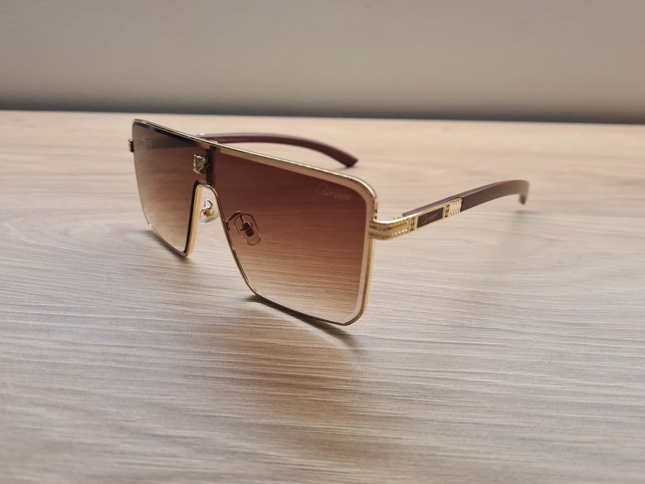 Nowe Okulary Męskie Cartier Przeciwsłoneczne Złote Brązowe Etui UV400