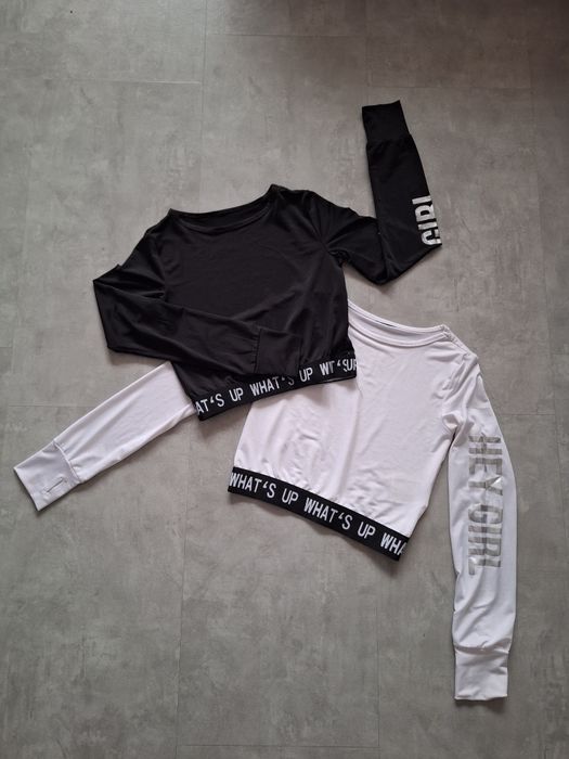 Crop top damski dziewczęcy zestaw 2 szt. czarny biały S długi rękaw