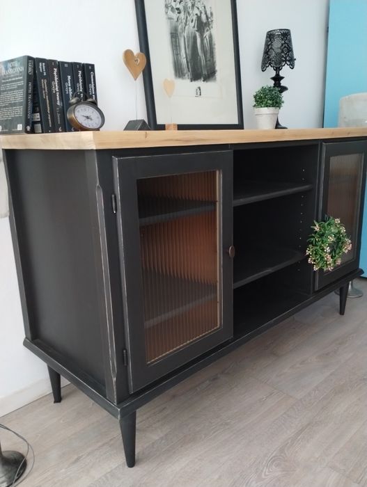 Komoda lite drewno ryflowane szyby