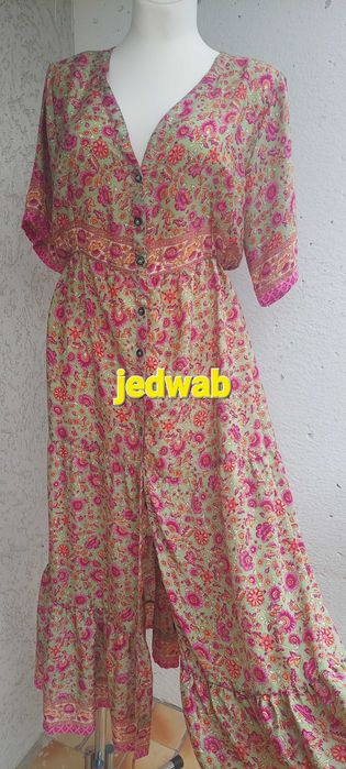 Sukienka jedwab,długa,rozpinana,z falban,Indie,boho