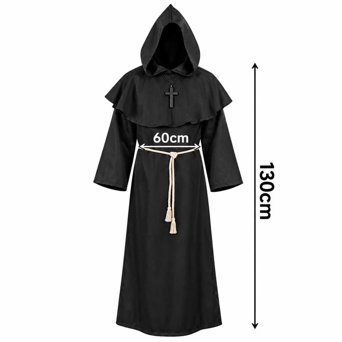 Przebranie Mnicha Halloween Habit Kaptur Krzyż Sznur 130 cm