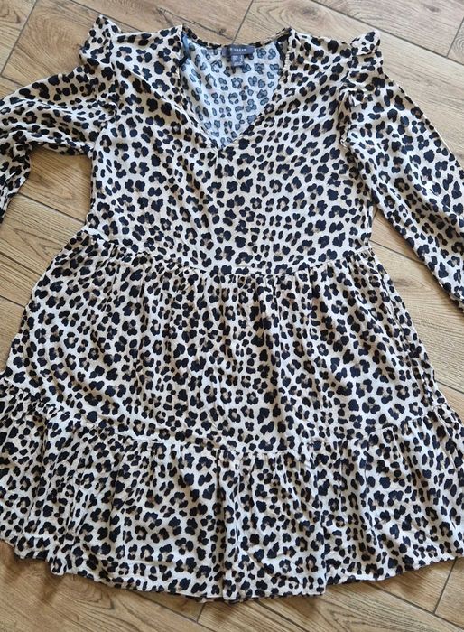 primark sukienka panterka falbanki ramiona 36 s cętki smock luźna boho