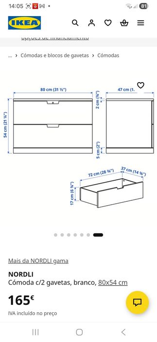 Cómoda Nordli Branca ikea com 2 gavetas  80 x 54