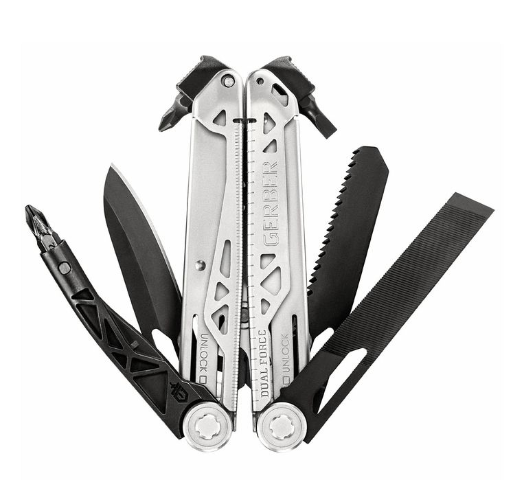 Gerber Dual-Force Multi-Tool – Black/Silver (12 Tools), повнорозмірний мультитул для силової роботи ,нейлоновий чохол ,викрутка ,біти ,пилка ,напилок