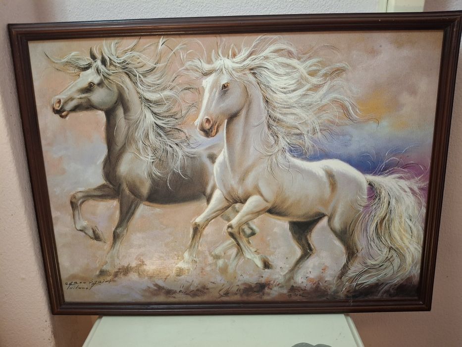 Quadro a Óleo Cavalos Brancos em Corrida Carlo Perini - Milano