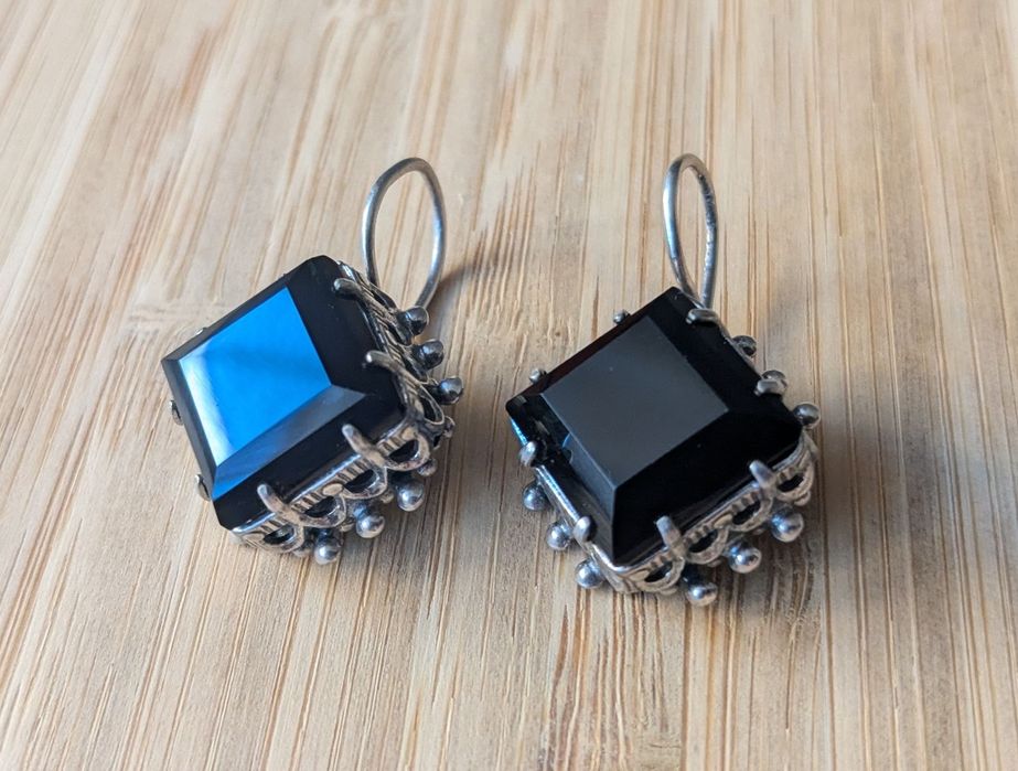 Винтажные мельхиоровые посеребряные серьги с черным кварцем