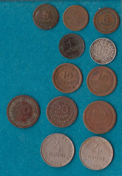Portugal - 1ª Republica,12 moedas de centimos incluindo 10 cents prata