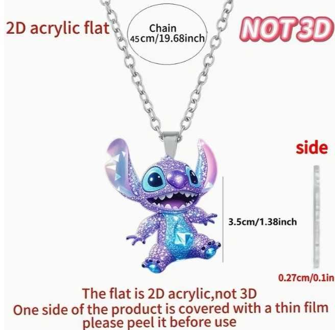 TOP – naszyjnik Stitch 2D płaski akrylowy, łańcuszek 45 cm, nowy