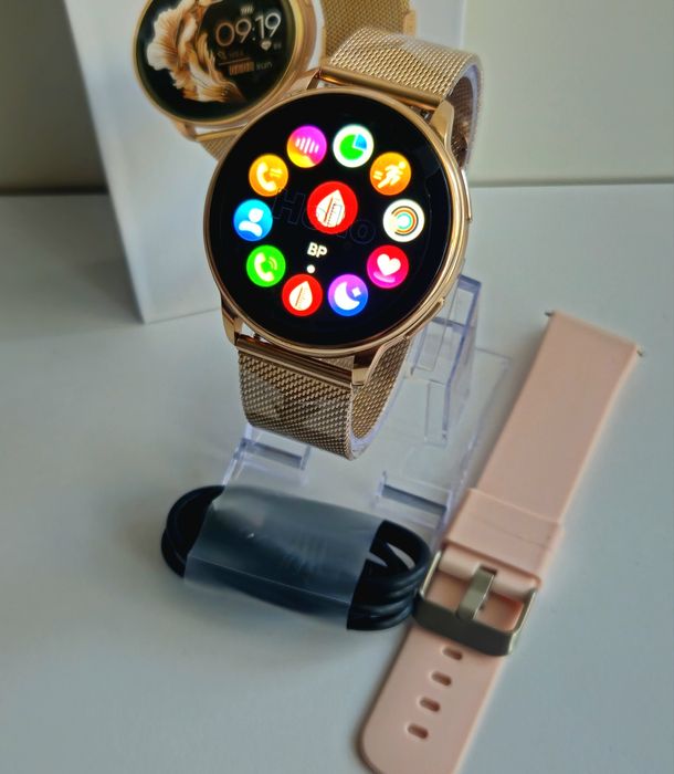 Luksusowy Złoty Zegarek Damski Nowy Smartwatch Rozmowy Bluetooth Sport