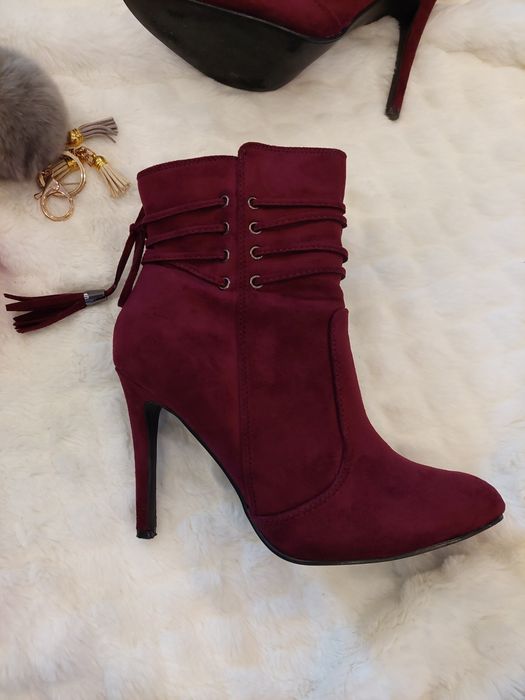 Piękne bordowe botki 38 zamsz lekko ocieplane szpilka