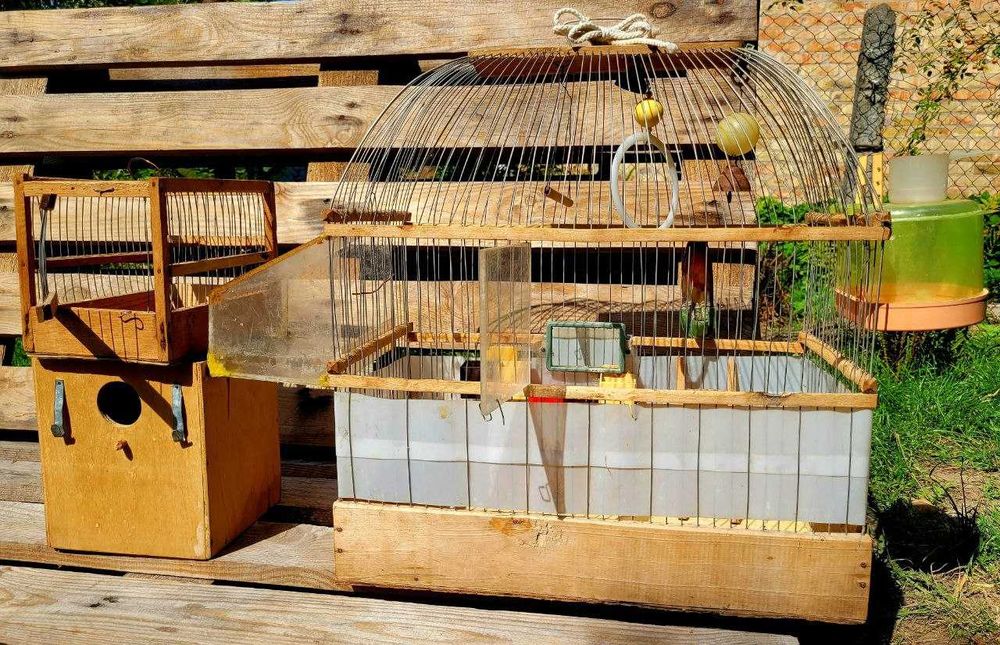 Клітка та переноска для птахів зі сворешнею, годівницями та поїлками