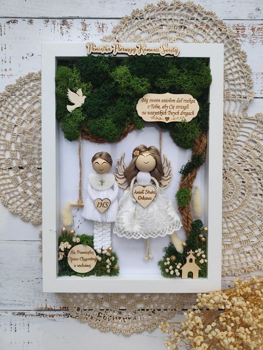 Pamiątka Pierwszej Komunii Świętej ramka makrama