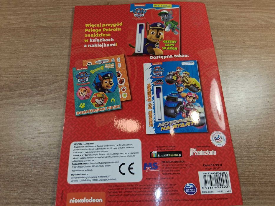 D019 Psi Patrol Książeczka Pisz I Ścieraj Cztery Łapy W Akcji Flamast