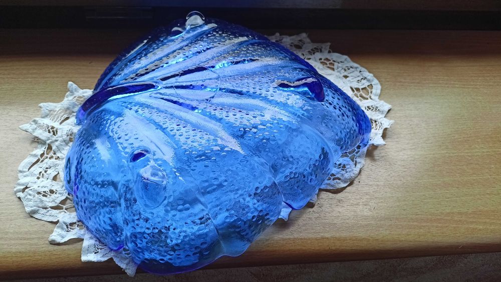 Patera, liść szkło kobaltowe, PRL, 28 cm