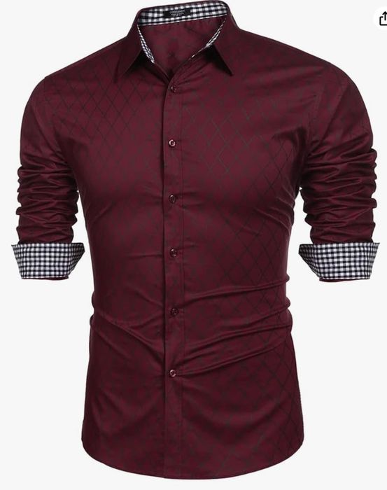 Męska koszula z długim rękawem, bordowa, rozmiar XXL, COOFANDY