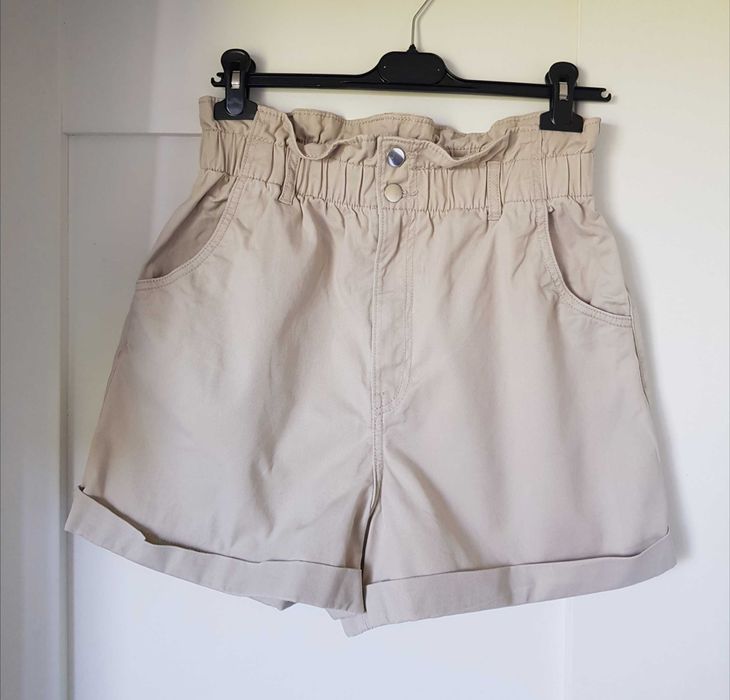 Beżowe spodenki szorty paperbag h&m wysoki stan