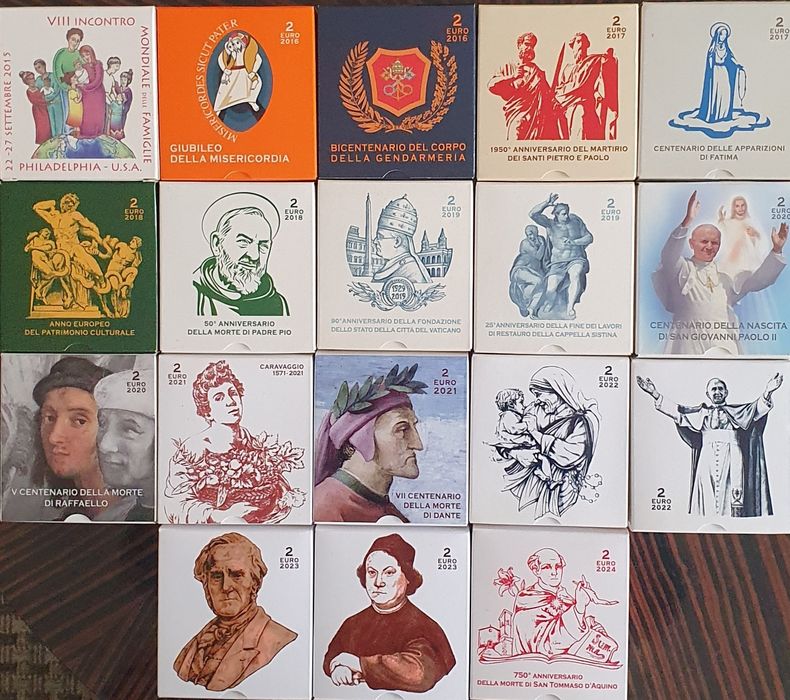 Moedas Euro comemorativas Proof pastas e cards Vaticano, Monaco