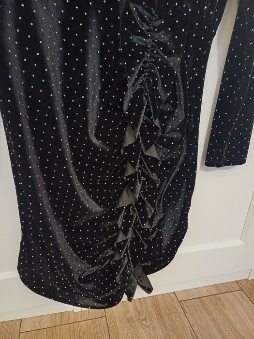 Czarna sukienka Zara L 40 mini cyrkonie marszczenia imprezowa