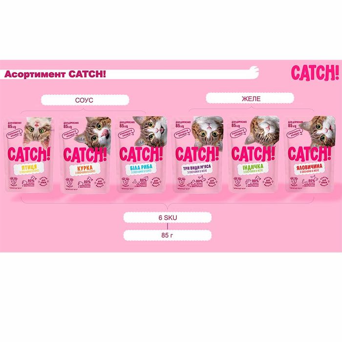 Корм вологий для котів Catch! Виробник Україна 80% м'яса, пауч 12 грн.