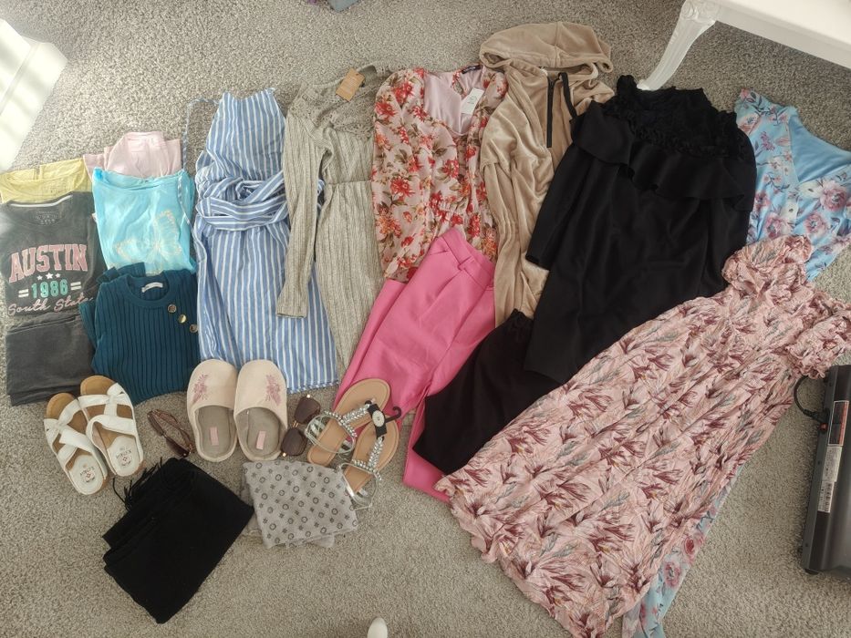 Mega paka ubrań nowe sukienki S/M spodnie buty zestaw markowe glamour