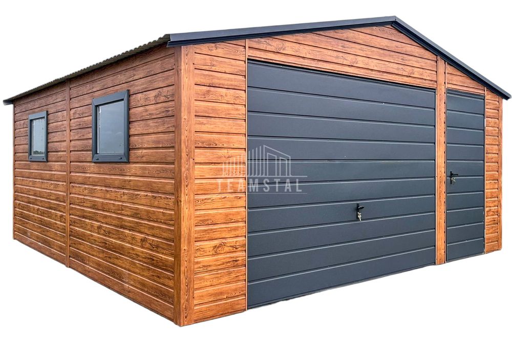 Garaż blaszany 5x5m Brama uchylna drzwi 2x okno drewnopodobny TS767