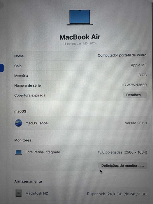 Macbook air de 13P com chip M3 2024/07 igual a novo(rebaixa de preço)