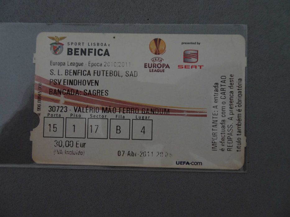 Bilhete de futebol Benfica - PSV Eindhoven - Época 2010/2011 - 7 abril 2011