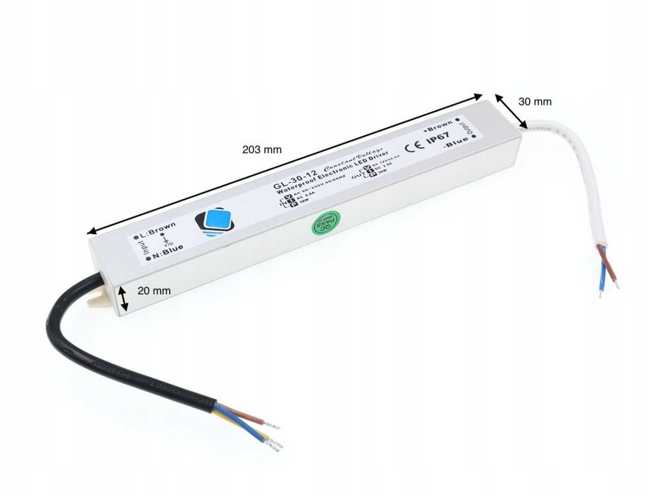 ZASILACZ 12V 30W LED Wodoodporny Hermetyczny Do Taśm MONO RGB IP67 WĄSKI