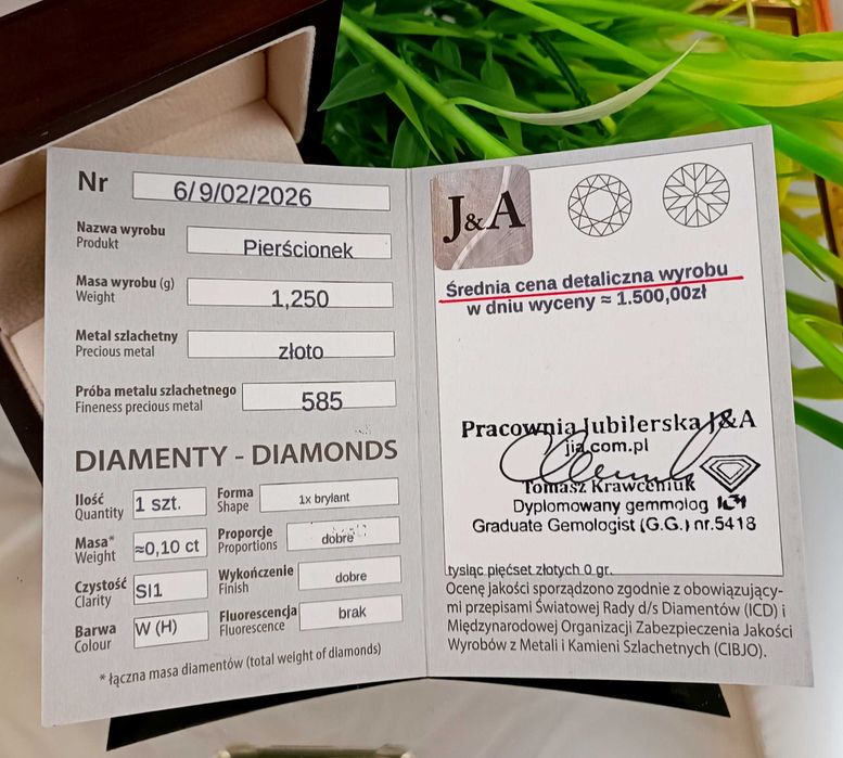 Pierścionek złoty 1,25g 585 certyfikat