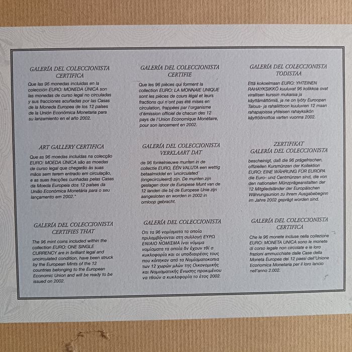 Coleção de 96 moedas de Euro (não circuladas) _ Certificado "Art Gallery"