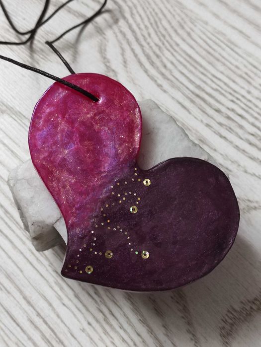 Serce dwustronne na sznurku róż fiolet handmade