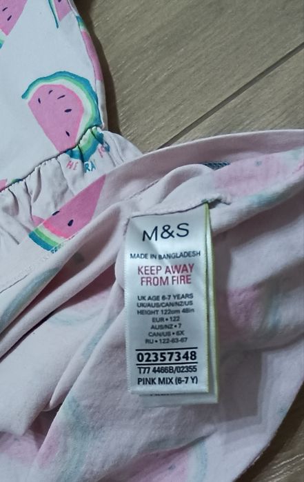 M&S 122 sukienka letnia dla dziewczynki różowa w arbuzy krótki rękaw
