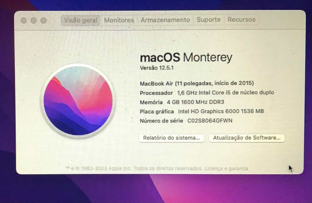 MacBook Air Ecrã de 11,6", Intel Core i5 Mac OS Monterey - 250GB disco