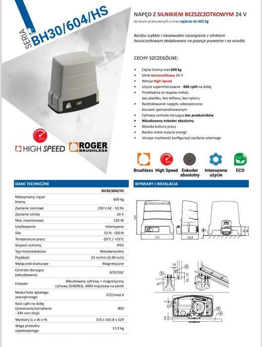 Napęd Rogertechnology BH 30/604 F HighSpeed  nie nice faac came dtm