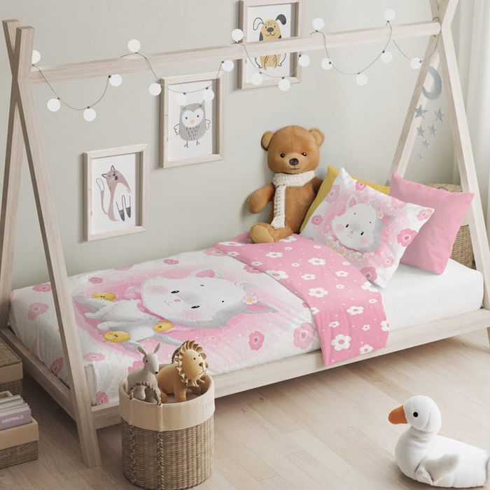 pościel bawełna 100x135 + 40x60 kotek róż