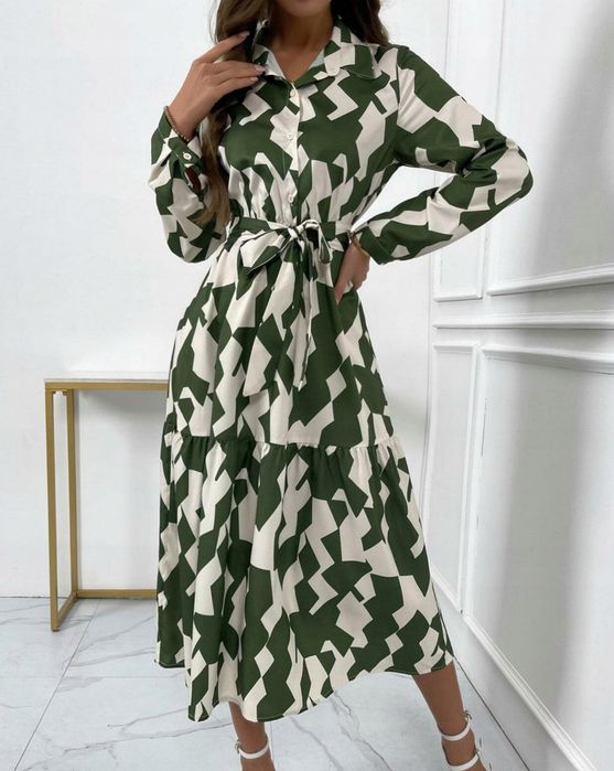 Sukienka wzorzysta zielona midi szmizjerka wzór Z PASKIEM SHEIN