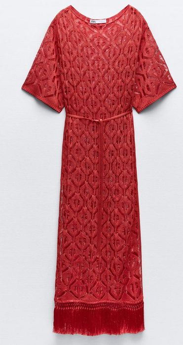 Zara szydełkowa ażurowa sukienka z frędzlami S/M