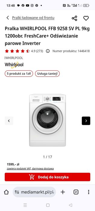Pralka Whirlpool 9 kg parowa super jest !