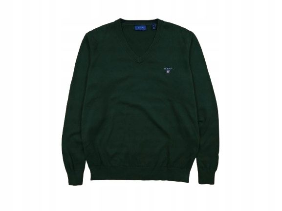 GANT Sweter Męski V Neck Zielony Logowany r. L