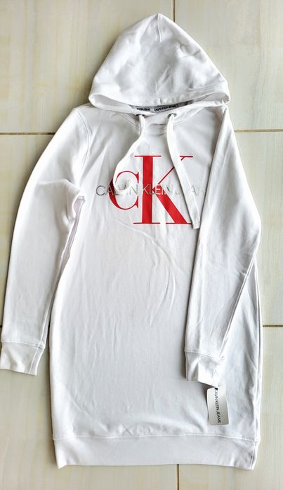 Платье-худи Calvin Klein Jeans, женский размер XS, белое, с длинными рукавами