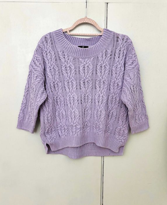 Liliowy bawełniany sweter w warkocze oversize H&M